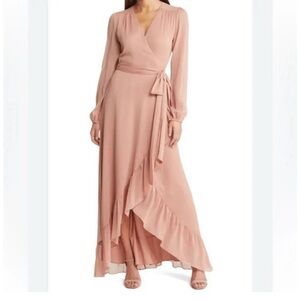 Wayf Pink Long Sleeve V-Neck Gown